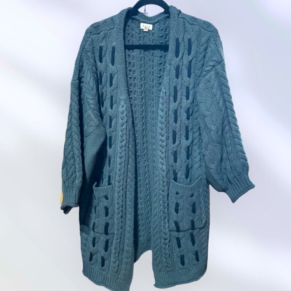 POL Chunky Cable Knit Long Line Slouchy Open Cardigan Sweater Gray S